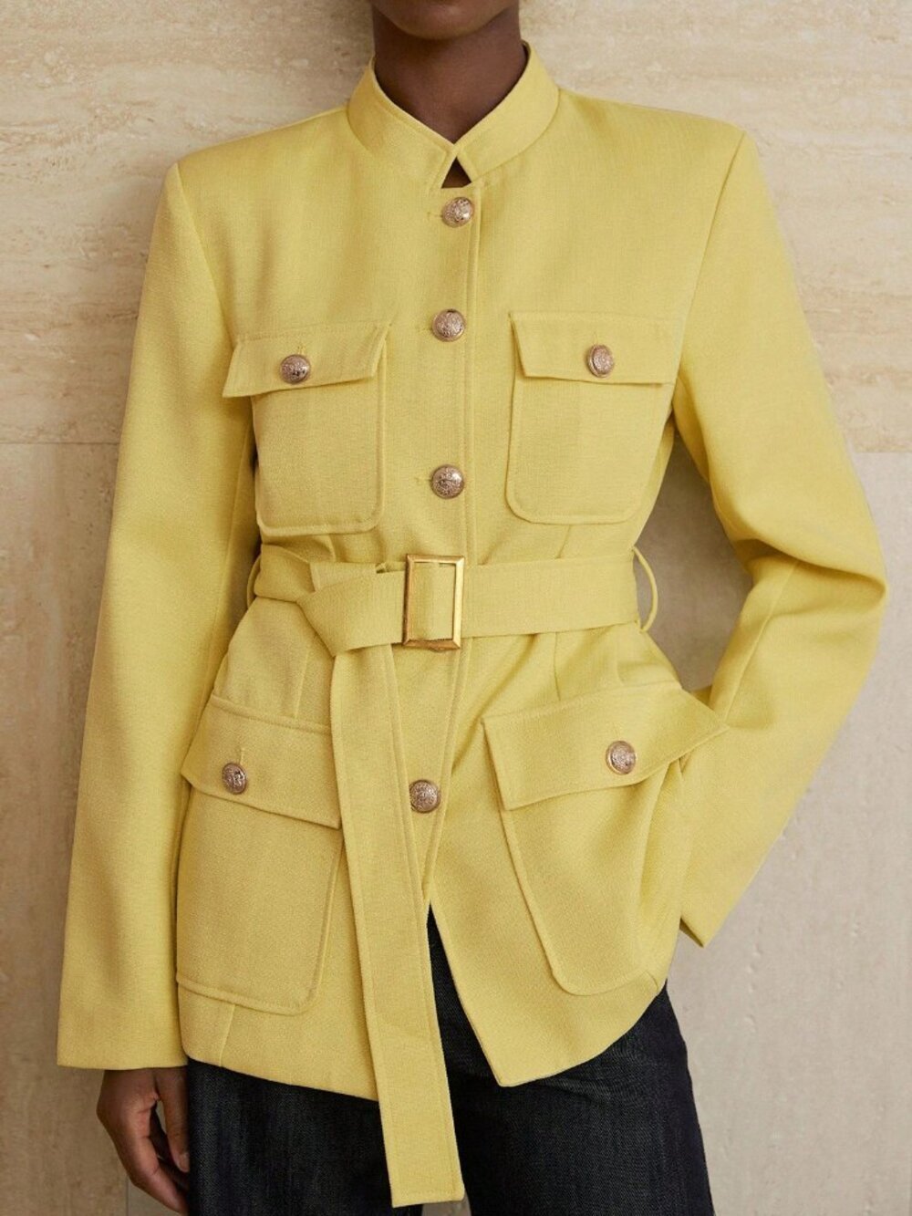 Yellow Elegant Women's Stand Collar Tweed Single-Breasted Button Utility Jacket